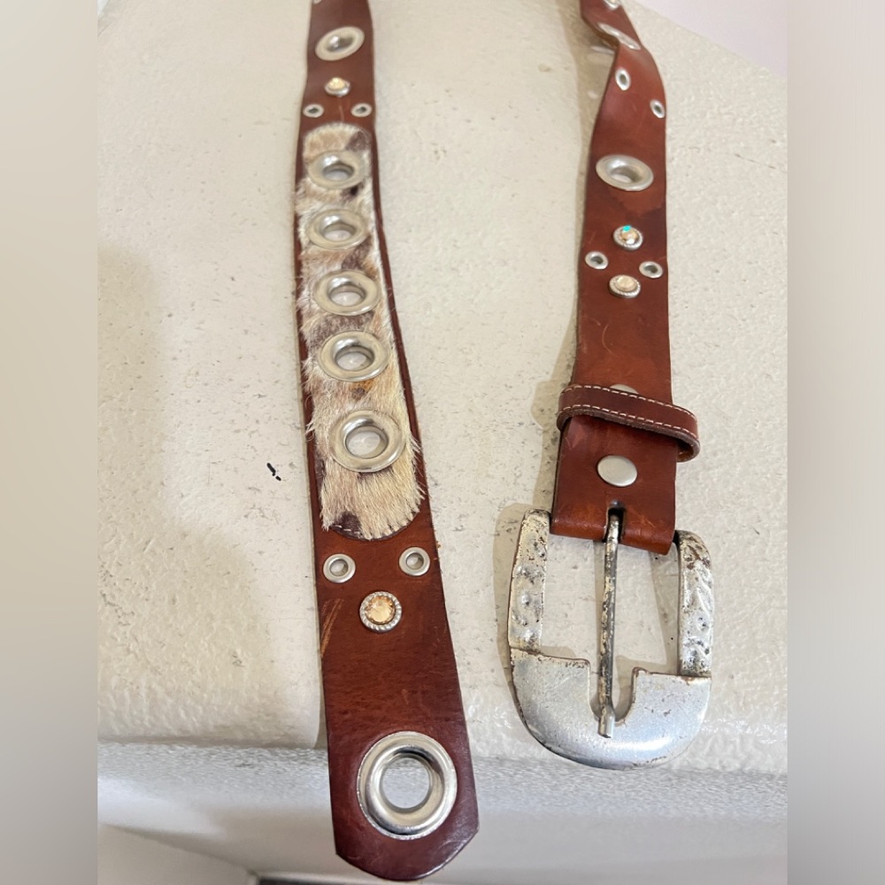 Unisex Leather studded cowhide western cowboy brown belt medium festival - Picture 11 of 16